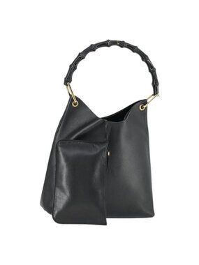 Authentic GUCCI Bamboo Shoulder Bag Leather Black Gold 001 2113 1880